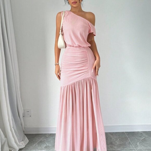 Dresses & Skirts - Pink Elegant Women's Summer Solid Color High Slit Oblique Shoulder Mesh Dress